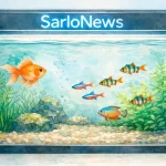 Aquário tropical iluminado pelo neon.